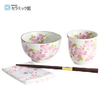 andai &藍 日本制陶瓷茶杯水杯饭碗筷子手绢手帕餐布套装美浓烧餐具 樱花 杯碗筷套装