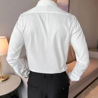 逐梦颜（ZHUMENGYAN）高级感大领暗扣白衬衫男士长袖修身春秋垂感休闲衫商务免烫白衬衣 白色 M