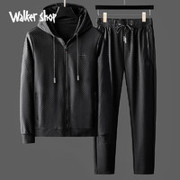 Walker Shop 奥卡索 户外运动套装男士春秋季高端小格针织面料连帽外套休闲两件套 黑色 XL