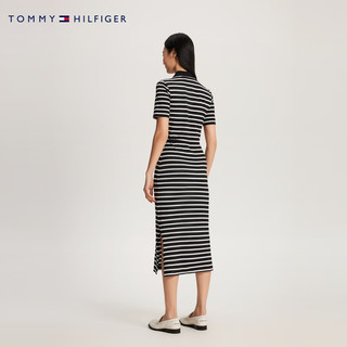 TOMMY HILFIGER24春季女装简约绣标系带收腰开叉合身POLO连衣裙42030 黑白条纹0AP M