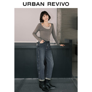 URBAN REVIVO UR2024春季女装休闲复古时髦设计感翻折牛仔长裤UWL840022 蓝色 25