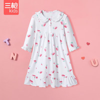 三枪儿童家居柔软透气荷叶袖口圆领碎花可爱优质艾草女童中袖睡裙 白色 130