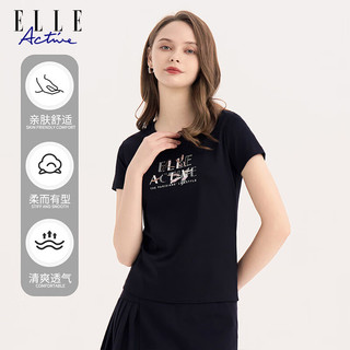 ELLE ACTIVE精致LOGO印花T恤女装2024夏季运动休闲透气修身圆领短袖上衣 藏青色 S