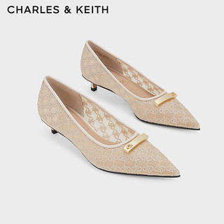 CHARLES&KEITH24春季时尚网纱尖头小猫跟单鞋SL1-61900027 Beige米色 34