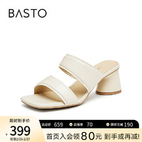 百思图（BASTO）2024夏季时尚户外一字拖粗跟女拖鞋TR606BT4 米色 33