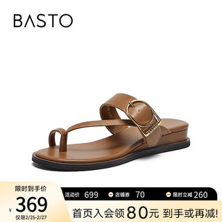 百思图（BASTO）2024夏季时尚复古休闲户外一字带坡跟女拖鞋M1071BT4 棕色 34