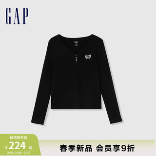 Gap女装2024春季logo简约纽扣V领长袖女友T套头上衣429380 黑色 175/92A(XL) 亚洲尺码