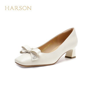 HARSON 哈森 时尚方头女鞋2024春季粗跟浅口女单鞋通勤时装鞋HWS240118 米白色 37