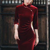 杜艳枝秋冬丝绒改良旗袍 长款鱼尾裙年轻款民国风连衣裙敬酒服 红色 XXL120-130斤