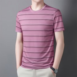 romon罗蒙罗冠2024夏季中年男士短袖t恤爸爸夏装上衣圆领冰丝条纹半袖