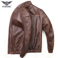 PERCOOL米兰走秀真皮皮衣男头层牛皮复古做旧皮外套修身短款单皮夹克 做旧咖色 M号（125斤-140斤）