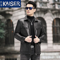 凯撒(KAISER)真皮皮衣男春秋薄款头层植鞣牛皮中长款男士真皮夹克商务休闲外套 黑 180/2XL 适合体重145-160斤