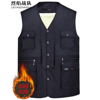 烈焰战队棉马甲男士冬季加绒加厚坎肩多口袋宽松中老年爸爸装保暖马夹背心 藏蓝色(9粒扣马甲) 5XL(体重180-195斤)
