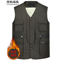 烈焰战队棉马甲男士冬季加绒加厚坎肩多口袋宽松中老年爸爸装保暖马夹背心 军绿色（9粒扣马甲） 5XL（体重180-195斤）