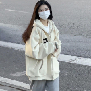 風采兔 卫衣女秋冬款2023潮ins外套宽松原宿慵懒风加绒连帽上衣 杏色(薄款) 2XL