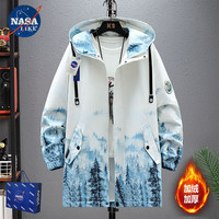 NASALIKE潮牌男装中长款风衣男秋冬季大码连帽外套男宽松涂鸦风衣外套 N51蓝色加绒(秋冬款) 3XL(178-185cm 160-180斤)