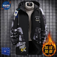 NASALIKE潮牌男装中长款风衣男秋冬季大码连帽外套男宽松涂鸦风衣外套 N73黑色加绒(秋冬款) 3XL(178-185cm 160-180斤)