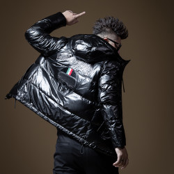 bm男士烫钻连帽外套飞行员夹克亮面羽绒服男潮牌印花休闲修身冬季