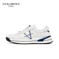 VICKI BROWN【VB男鞋】法国未毕时尚刺绣小白鞋舒适百搭休闲鞋男商务休闲皮鞋 白蓝 39(欧码)