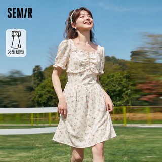 森马（Semir）连衣裙女收腰木耳边法式夏2023泡泡袖方领肌理碎花裙107423114088 红色调00366 XL