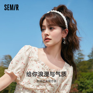 森马（Semir）连衣裙女收腰木耳边法式夏2023泡泡袖方领肌理碎花裙107423114088 红色调00366 XS