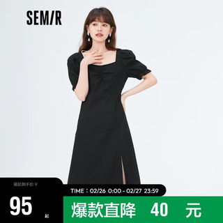 Semir森马连衣裙女方领泡泡袖开叉2022夏季温柔风优雅裙子法式气质109322114013黑色M