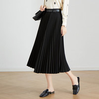 尚都比拉小众设计感高腰拼腰带收腰中长百褶裙秋冬季女装半身裙113Q37794 雅黑色 M
