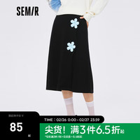 Semir森马半身裙女开叉黑色针织裙初秋冬少女感花朵中长裙甜美风 黑色调0199 165/70A/L