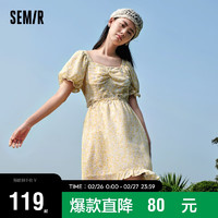 Semir 森马 连衣裙女文艺复古方领季清新温柔肌理碎花长裙109323114003 黄色调00333