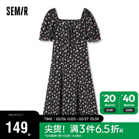 森马（Semir）连衣裙女肌理雪纺碎花裙季方领绑带茶歇裙法式107423114054 黑色调00399 XS