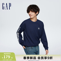 Gap男装春季2024LOGO纯棉宽松长袖T恤885523运动休闲上衣 海军蓝 180/100A(XL)亚洲尺码