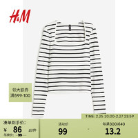 H&M2024春季女装时尚简约慵懒风潮流方领汗布上衣1209451 奶油色/条纹 160/88A