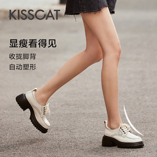 KISSCAT接吻猫2024年春新真皮系带增高厚底乐福鞋