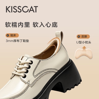 KISSCAT接吻猫2024年春新真皮系带增高厚底乐福鞋