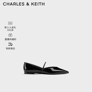 CHARLES&KEITH24春简约尖头一字带浅口平底单鞋子女鞋女士CK1-70381027 Black Patent黑色 38