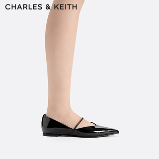 CHARLES&KEITH24春简约尖头一字带浅口平底单鞋子女鞋女士CK1-70381027 Black Patent黑色 38