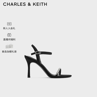 CHARLES&KEITH24春季亮钻一字带露趾高跟凉鞋女CK1-60920361 BLACK TEXTURED黑色纹理 34