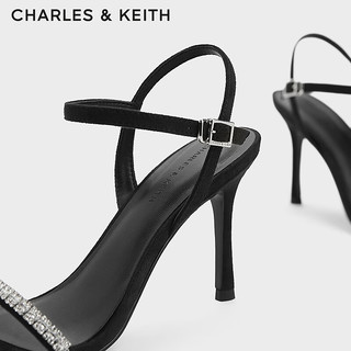 CHARLES&KEITH24春季亮钻一字带露趾高跟凉鞋女CK1-60920361 BLACK TEXTURED黑色纹理 34