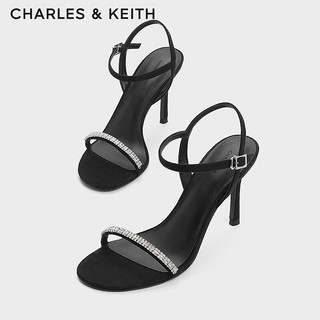 CHARLES&KEITH24春季亮钻一字带露趾高跟凉鞋女CK1-60920361 BLACK TEXTURED黑色纹理 34