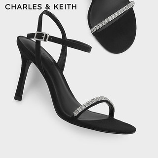 CHARLES&KEITH24春季亮钻一字带露趾高跟凉鞋女CK1-60920361 BLACK TEXTURED黑色纹理 34