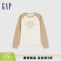 Gap女装2024春季logo撞色拼接插肩袖圆领长袖T恤上衣496389 米色 165/84A(M) 亚洲尺码