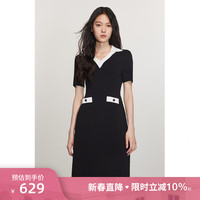 欧时力 哑光凉感polo裙2024早春撞色A字气质小香风针织连衣裙 黑色 S
