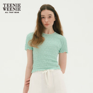 TEENIE WEENIE 小熊女装2024春装褶皱肌理提花短袖T恤木耳边女 绿色 155/XS