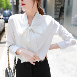 春秋女式衬衫长袖白衬衣韩版通勤打底雪纺衫蝴蝶结喇叭袖
