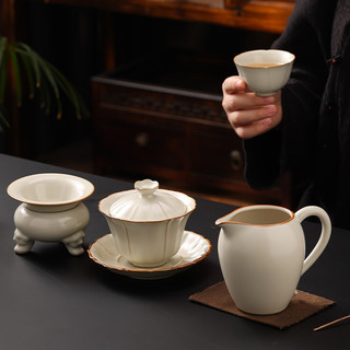 米黄汝窑防烫三才盖碗茶杯单个高档套装茶具家用茶碗带盖泡茶功夫