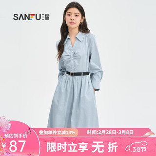 SANFU 三福 连衣裙气质V字翻领褶皱收腰时尚裙子女装473837 蓝条