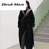 Ebruk Mare森马集团冬韩系长款毛呢外套女小众设计高级感连帽呢子 黑色 S 90斤以内