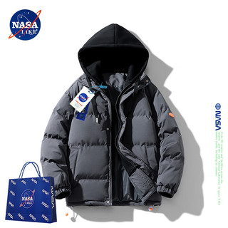 NASA LIKE潮牌棉服冬季加厚连帽外套保暖男士棉衣羽绒棉服大码棉袄 灰色+1535灰色加绒  L（100-120斤）