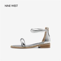 NINE WEST 玖熙 NineWest/玖熙2022夏季新款一字带粗跟凉鞋时尚金属色低跟鞋露趾