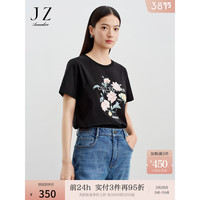 玖姿·安娜蔻简约休闲风圆领印花烫钻宽松短袖T恤女2024春季 素黑 S